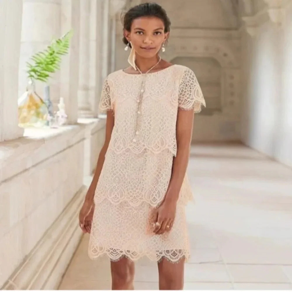 NWT Sundance Julia Blush Tiered Lace Dress Short Sleeves‎ Size Large